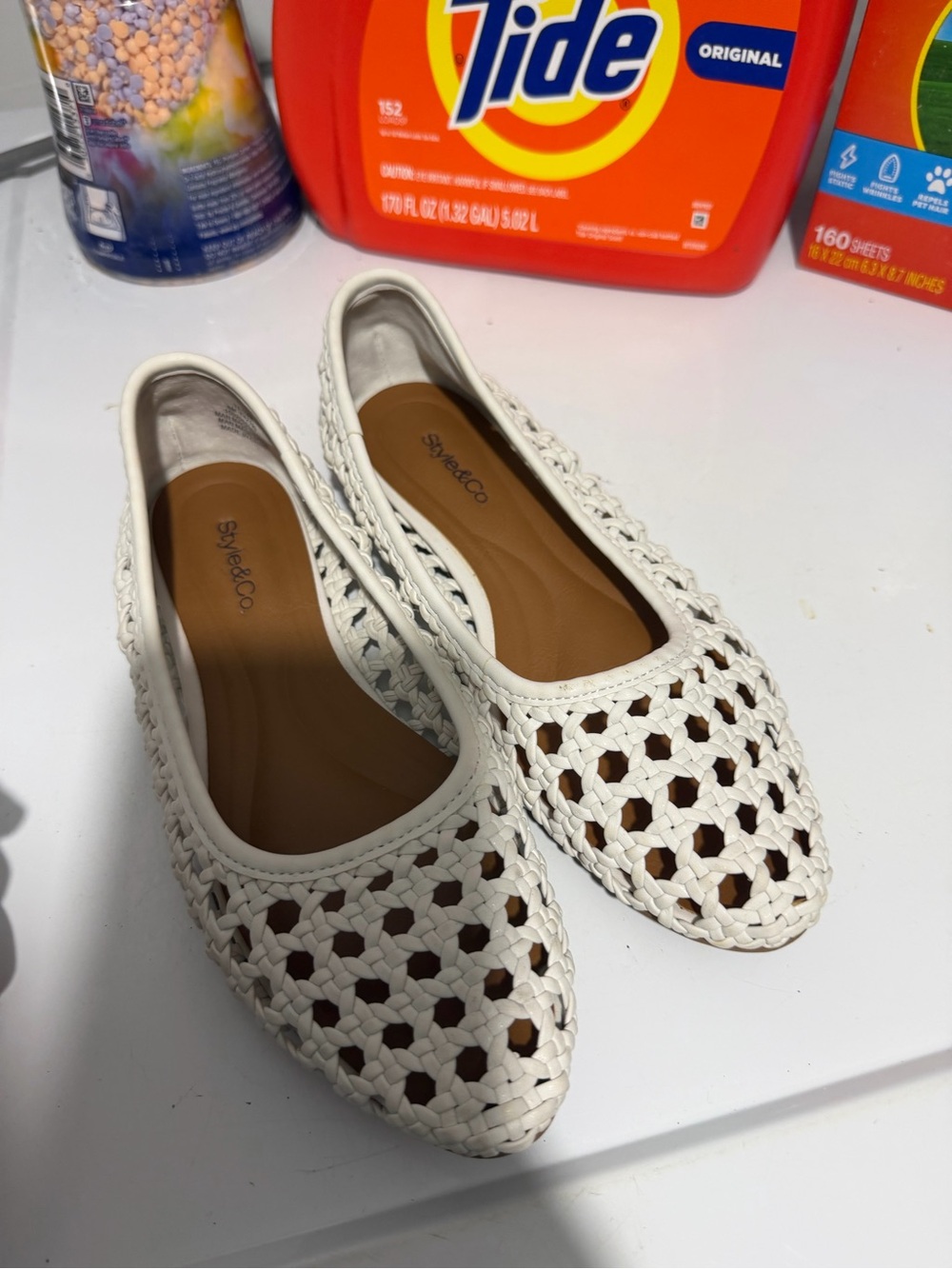 Style & Co. White Woven Pointed-Toe Ballet Flats